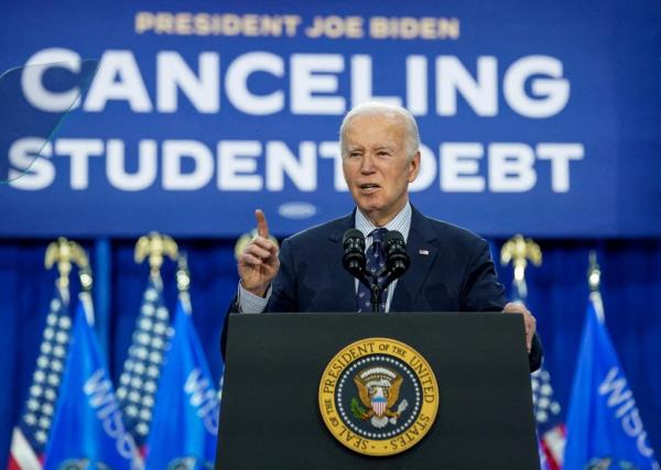 President Joe Biden speaks as he announces a new plan for federal student loan relief during a visit to Madison Area Technical College Truax Campus, in Madison, Wisconsin, U.S, April 8, 2024.